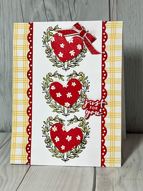 Valentine-themed greeting card using Stmapin' Up! Adoring Hearts and Bee Mine Designer Series Paper