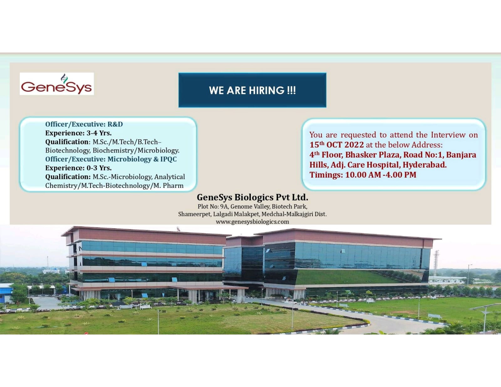 Job Availables for GeneSys Biologics Pvt Ltd Walk-In Interview for MSc/ M Tech/ B Tech/ MSc Microbiology/ Analytical Chemistry/ M Tech Biotechnology/ M Pharm