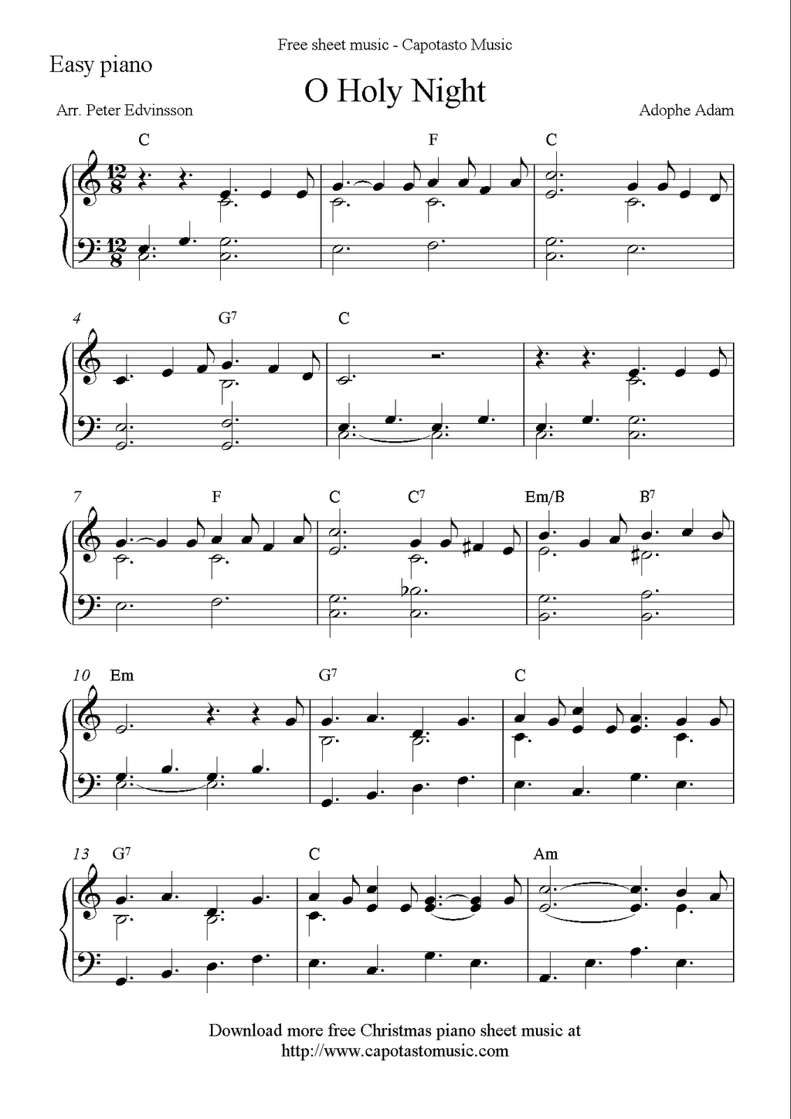 Free easy Christmas piano sheet music, O Holy Night