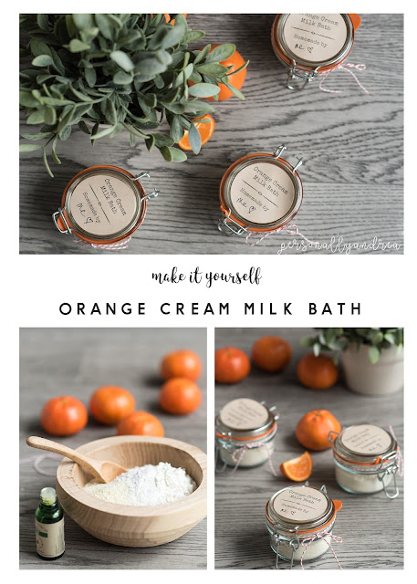Homemade Orange Cream Milk Bath | Homemade orange cream milk bath with pantry ingredients plus orange essential oil.  Makes a pretty gift when packaged in a labeled jar | #spa #giftidea