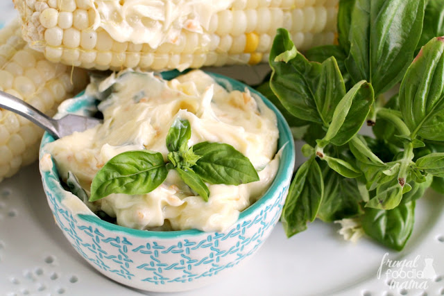 Fresh basil & sauteed garlic give this creamy butter a rich flavor that is perfect for spreading on sweet summer corn or your favorite crusty bread.