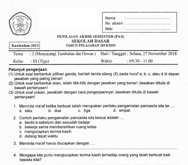 Download Soal Penilaian Akhir Semester (PAS)   Tema 2 Menyayangi Tumbuhan dan Hewan   Kelas 3 SD Tahun Pelajaran 2018 / 2019