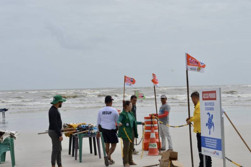 Faixa de areia é bloqueada para proteção de tartarugas em Salinópolis, no Pará