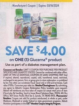 $4.00/1 Glucerna Product Coupons Coupon from "SMARTSOURCE" insert week of 2/4/24 (exp 3/16/24).