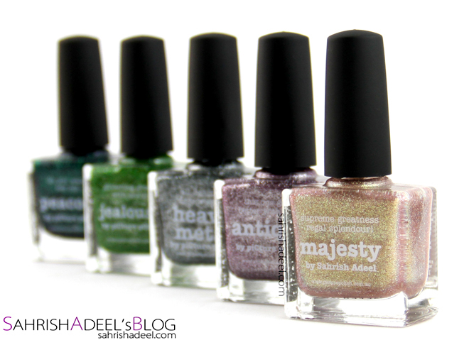 Picture Polish Nail Polishes in Peacock, Jealousy, Heavy Metal, Antique, Beige and Majesty