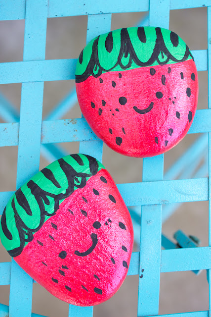 How to paint adorable and cute rock strawberries with acrylic white, black, red, and green paint