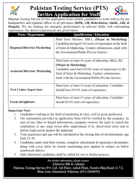 PTS Pakistan Testing Service Jobs 2023 Advertisement