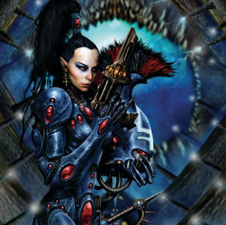 One of the elf-like Eldar, in bone like blue armor inlaid with red gems. The ponytailed, fair skinned figure clutches a crested helmet in one hand and a spout nosed shuriken pistol in another.