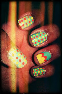 Polka dots, clouds, yellow, coral, nail art, mani