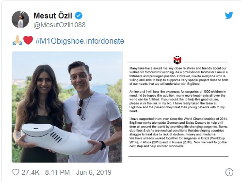 Mesut Ozil ha finanziato l'operazione di mille bambini e ha nutrito 100.000 senzatetto nel 2019