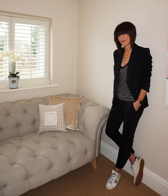 My Midlife Fashion. Mango striped top, harry rocks entwined initials necklace, marks and spencer limited collection blazer, zara cigarette pants, golden goose trainers