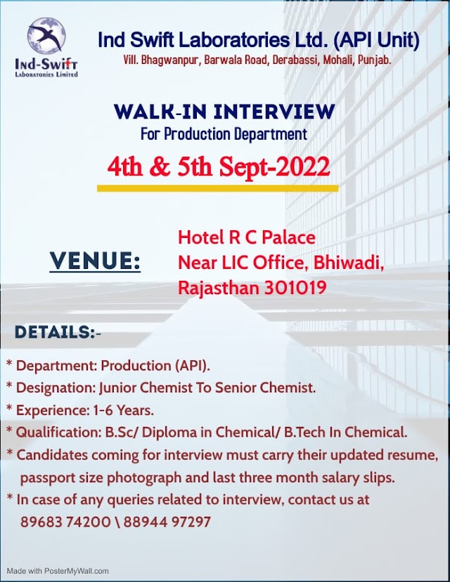 Ind-Swift Labs | Walk-in interview at Bhiwadi, Rajasthan for Production on 4th & 5th Sept 2022