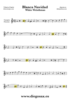Partitura de Blanca Navidad para Trompeta y Fliscorno Villancico  Sheet Music Trumpet and Flugelhorn White Christmas Carol Song Music Score