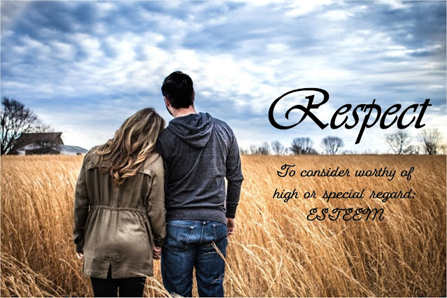 A couple in a wheat field with cloudy skies overhead. The definition of respect is overlaid.