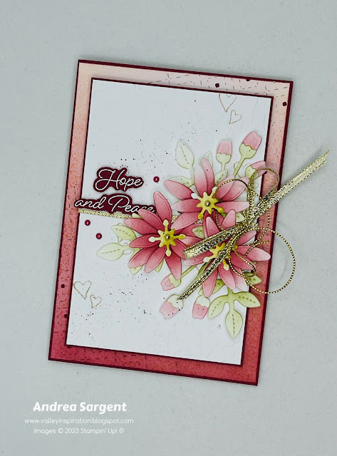 Creating a Christmas card using non-traditional supplies such as the Paper Florist dies is a fun challenge. Try using the dies with a Cherry Cobbler colour combo with the Hope and Peace stamp set.