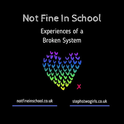 A black background with a multicoloured heart logo in the middle, with the words not fine in school, experiences of a broken system