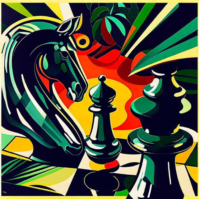 AI Created Colorful Chess Image in a Bold Poster Style of a knight and Pawn.