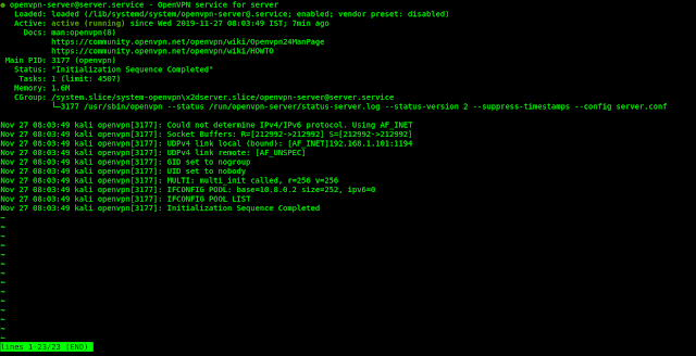 openvpn server running in kali linux