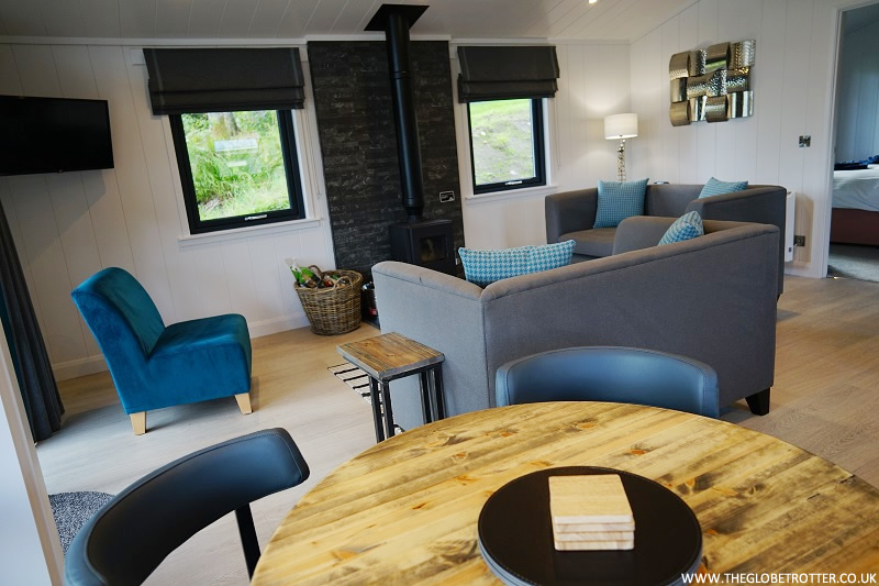 Open plan living space in the Waterfront Lodge at Loch Tay Highland Lodges