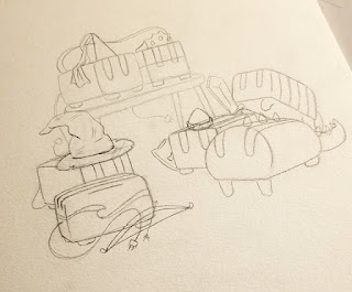 A pencil sketch of seven toasters dressed in fantasy attire.