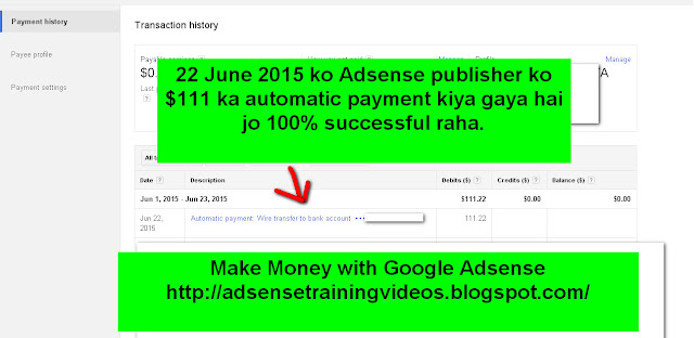 22 June 2015 ko Adsense publisher ko $111 ka automatic payment kiya gaya hai jo 100% successful raha hai-see screenshot