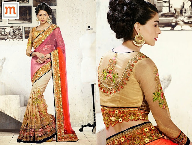 Resham Work Cream & Orange Net Designer Wedding Wear Saree  At Moksha Fashions