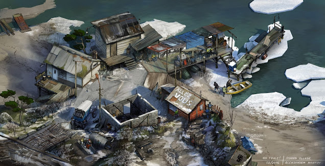 Artwork of the small fishing village on the outskirts of the of the city. One can see people bringing their boat in from a fishing trip guiding it between a pier and a small broken ice sheet, a Coupris is parked near an abandoned building after driving in over an improvised bridge from the road. The village has few people spread out over it, sitting one benches and one standing on the pier watching the fishing boat being brought in.