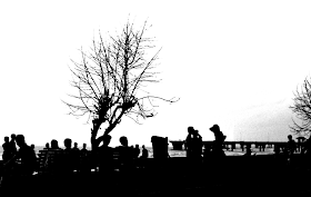 Silhouette of people sitting on a bench