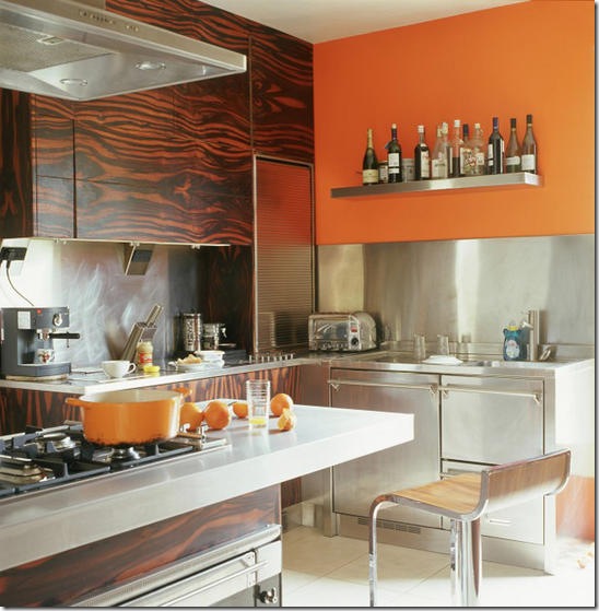 Real Home:  kitchen, bold colour orange, dark wood ebony macassar pattern veneer units, storage cupboards, stainless steel worktop, splashback. Pub orig  L etc 12/2005 p26 real home