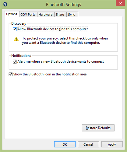 Allow Bluetooth devices to find your computer