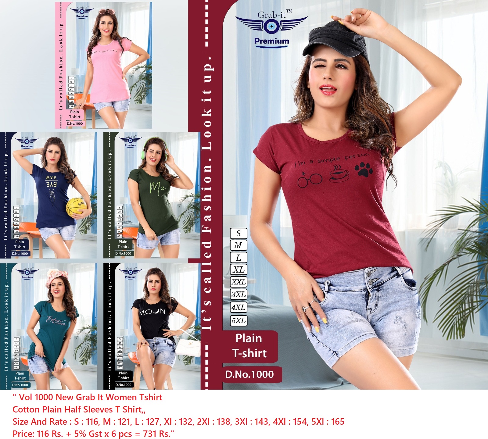 Buy Cotton Plain Vol 1000 New Grab It Women Tshirt Catalog M