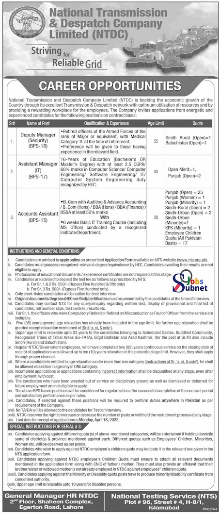 New Govt Jobs 2022 in National Transmission & Despatch Company NTDC