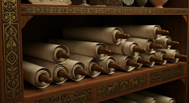 The bookshelf is filled with scrolls containing the Septuagint Bible.
