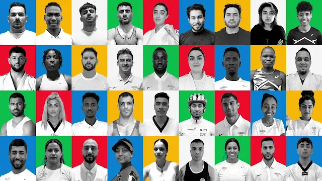 Foto dos 36 atletas em preto e branco, com fundo colorido
