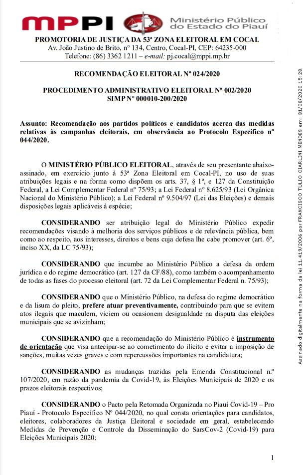 Ministério Público Eleitoral emite recomendações aos partidos políticos e candidatos em Cocal e Cocal dos Alves