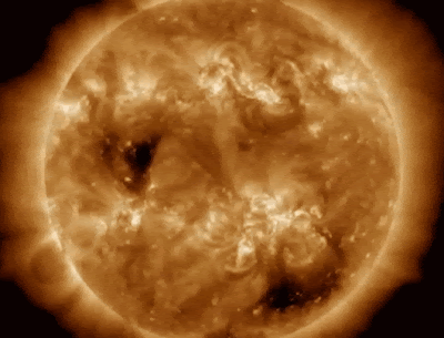 The coronal hole came into view as the Sun rotated. (NASA/Solar Dynamics Observatory)