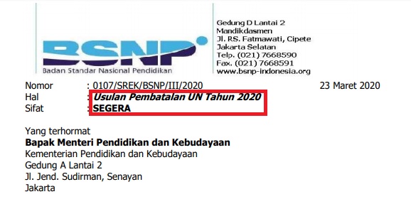 surat pembatalan UN 2020