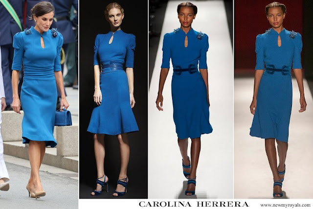Queen Letizia wore a royal blue dress by Carolina Herrera Fall 2013 collection