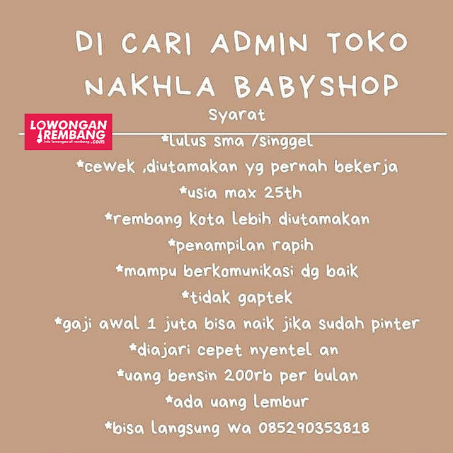 Lowongan Kerja Pegawai Admin Toko Nakhla Babyshop Leteh Rembang