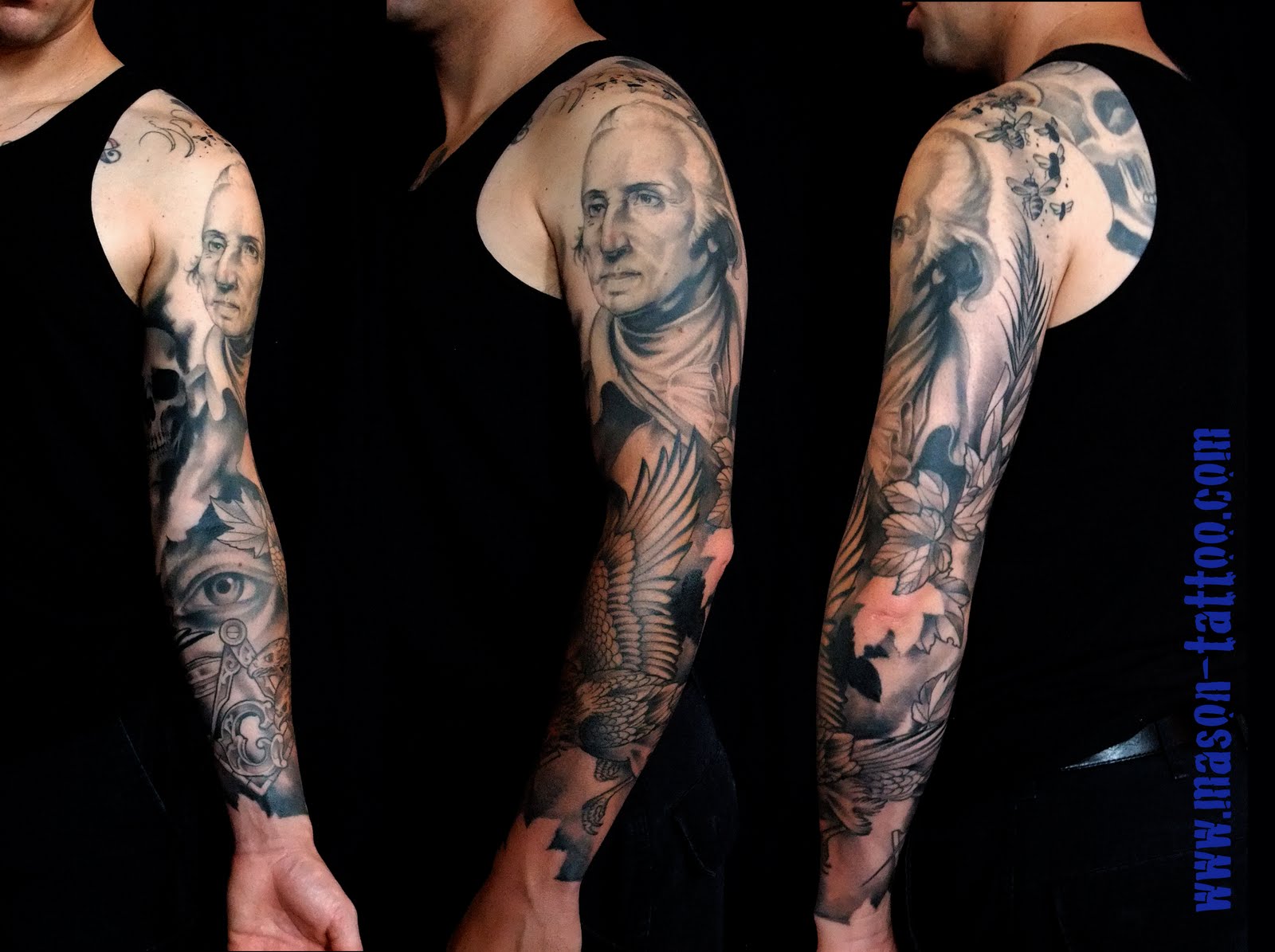 black and white tattoo sleeve designs Ben's masonic tattoo. www.mason-tattoo.com