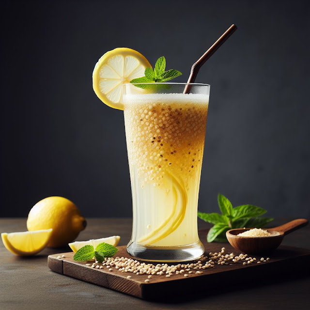 A refreshing beverage to soothe the senses, this Honey Barley Lemon Juice is a delightful blend of flavors and textures. The star of the show is the barley, soaked overnight to enhance its softness and flavor. The honey adds a touch of sweetness, while the lemon imparts a zesty tang. A slice of lemon and a sprig of mint provide a touch of elegance and a burst of freshness.