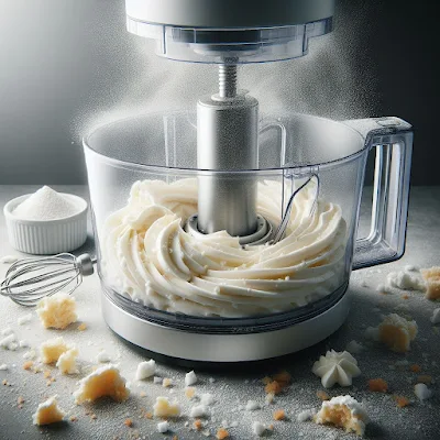 Auf dem Bild ist zu sehen wie eine Buttercreme in der Küchenmaschine aufgeschlagen wird. Die Zutaten sind schon gut vermischt und die Masse sieht cremig und locker aus.