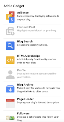 A list of gadgets available on Blogger. It features AdSense, Featured Posts, Blog Search, HTML/JavaScript, Profile, Blog Archive, Page Header, and Followers.