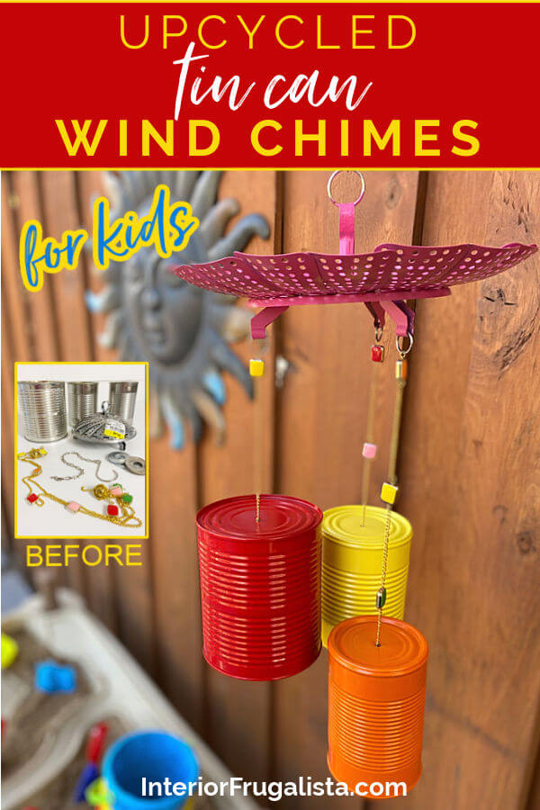 How to make bright and whimsical Upcycled Tin Can Wind Chimes with recycled food cans, a vintage strainer, and old necklace for unique garden decor. #tincancrafts #outdoorcrafts #windchimesdiy