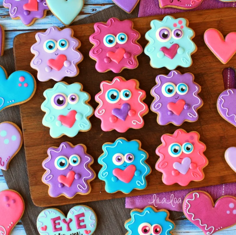 Brightly colored and cute wild monster Valentine's Day decorated sugar cookies