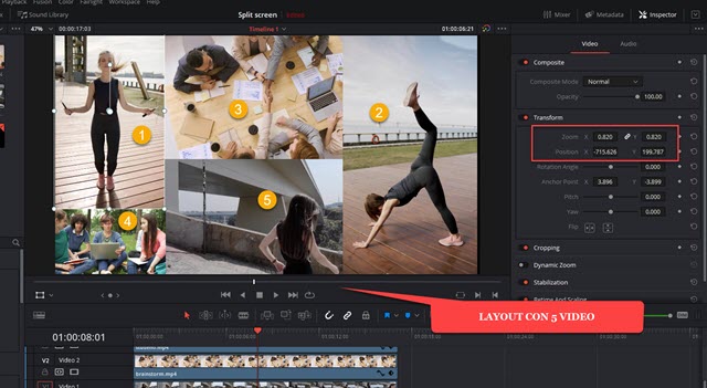 mostrare un layout con 5 video di diverse risoluzioni