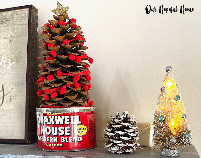 vintage red Maxwell House Western Blend Coffee tin sugar pine cone Christmas tree with red ball garland