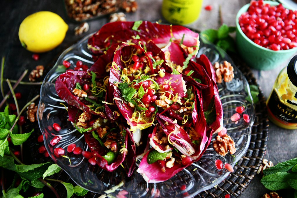 Red Belgian Endive Salad with Pomegranate and Walnuts