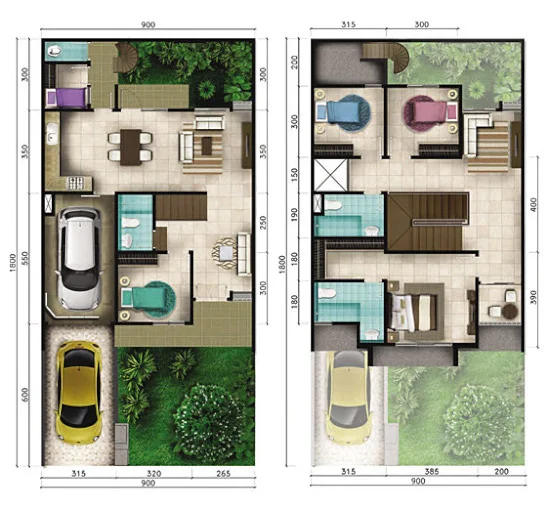 16 Denah rumah minimalis ukuran 9x18 meter 5 kamar tidur 2 lantai