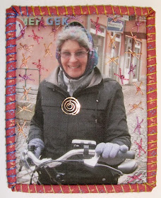 Robin Atkins, Travel Diary quilt, detail, with electric bicycle, NL